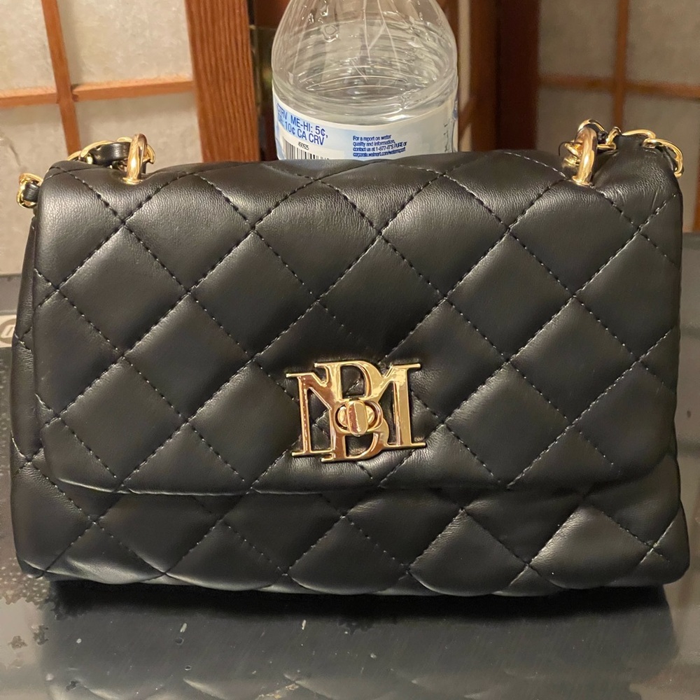 Badgley Mischka Black Quilted Chain Shoulder Bag with Gold Logo